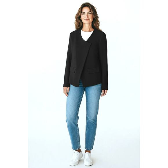 NWT LOFT Ann Taylor 6P Black Wool Blend Jacket Blazer 2 Snap Front Zip Cuff - Picture 2 of 5